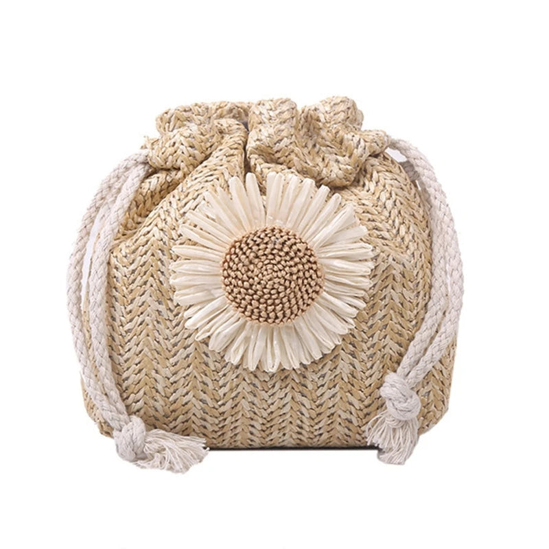 Embroidered Flower Drawstring Straw Bag Crossbody Bucket Bag
