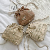 Embroidered Flower Drawstring Straw Bag Crossbody Bucket Bag