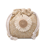Embroidered Flower Drawstring Straw Bag Crossbody Bucket Bag