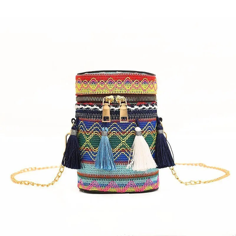 Ethnic Style Shoulder Crossbody Bag Tassel Hand-Woven Bucket Purse