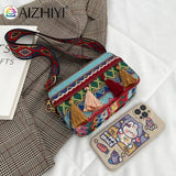 Ethnic Style Women PU Leather Stripes Printing Shoulder Crossbody Messenger Bag