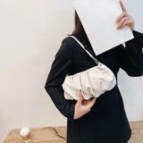 Solid Leather Cloud Underarm Handbags Female Pleated Shoulder Bags