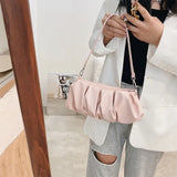 Solid Leather Cloud Underarm Handbags Female Pleated Shoulder Bags