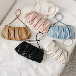 Solid Leather Cloud Underarm Handbags Female Pleated Shoulder Bags