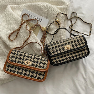 Women Shoulder Bag Houndstooth Print Woolen Crossbody Bag