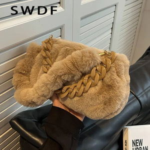 Fluffy Plush Women Shoulder Bag with Acrylic Chains Crossbody Bags