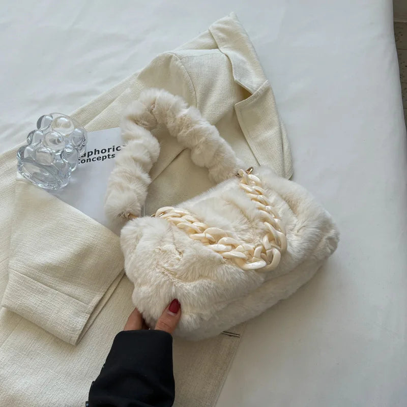 Fluffy Plush Women Shoulder Bag with Acrylic Chains Crossbody Bags