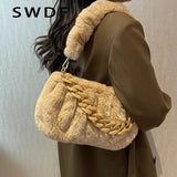 Fluffy Plush Women Shoulder Bag with Acrylic Chains Crossbody Bags