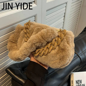 Fluffy Plush Women Shoulder Bag Acrylic Chains Purses Handbags Crossbody Tote