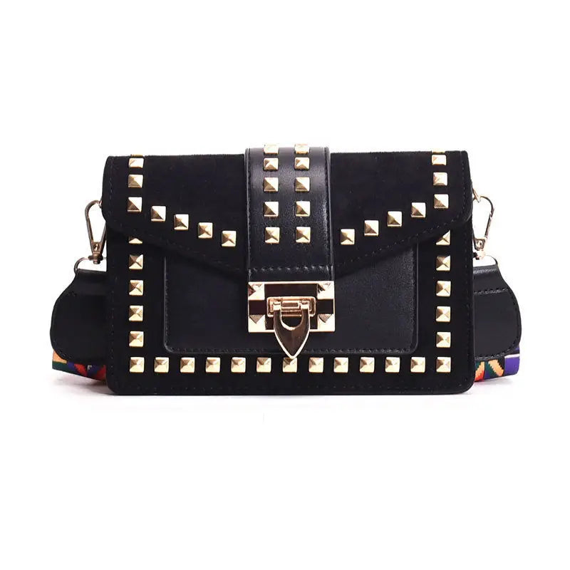 Rivet Patchwork Crossbody Bag Wide Strap Women's Handbag