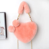 Heart-shaped Faux Fur Chain Shoulder Bag Lady Headband and Purse Set