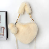 Heart-shaped Faux Fur Chain Shoulder Bag Lady Headband and Purse Set