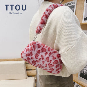 Leopard Faux Fur Women Shoulder Bag Soft Plush Shopper Bag Winter Tote Purse