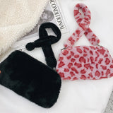 Leopard Faux Fur Women Shoulder Bag Soft Plush Shopper Bag Winter Tote Purse