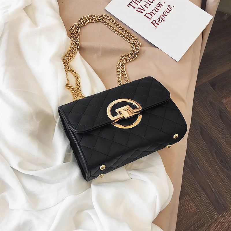 Female Bag Metal Chain Shoulder Strap Rhombus Check Crossbody
