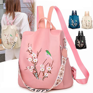 Female Embroidery Print School Backpack Anti-theft Travel Knapsack