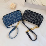 Women's Denim Chain Shoulder Bag Small Letters Print Handbag Zipper Underarm Bag