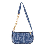 Women's Denim Chain Shoulder Bag Small Letters Print Handbag Zipper Underarm Bag