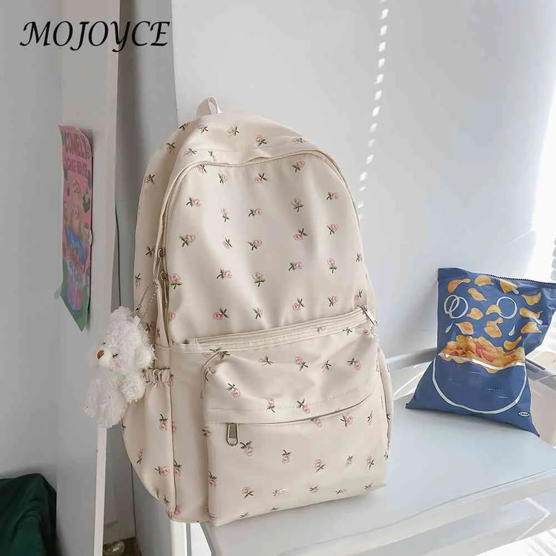 Floral Backpack Nylon Preppy Style Teenage Girl Bags with Pendant