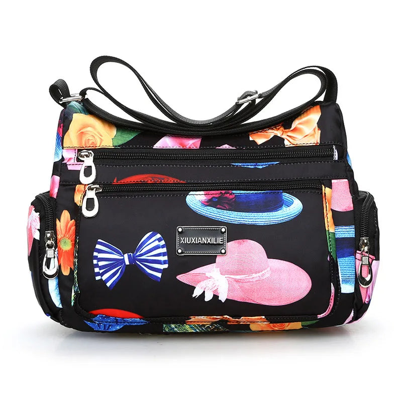 Floral Pattern Women Messenger Bag Nylon Shoulder Bag Multi-pockets