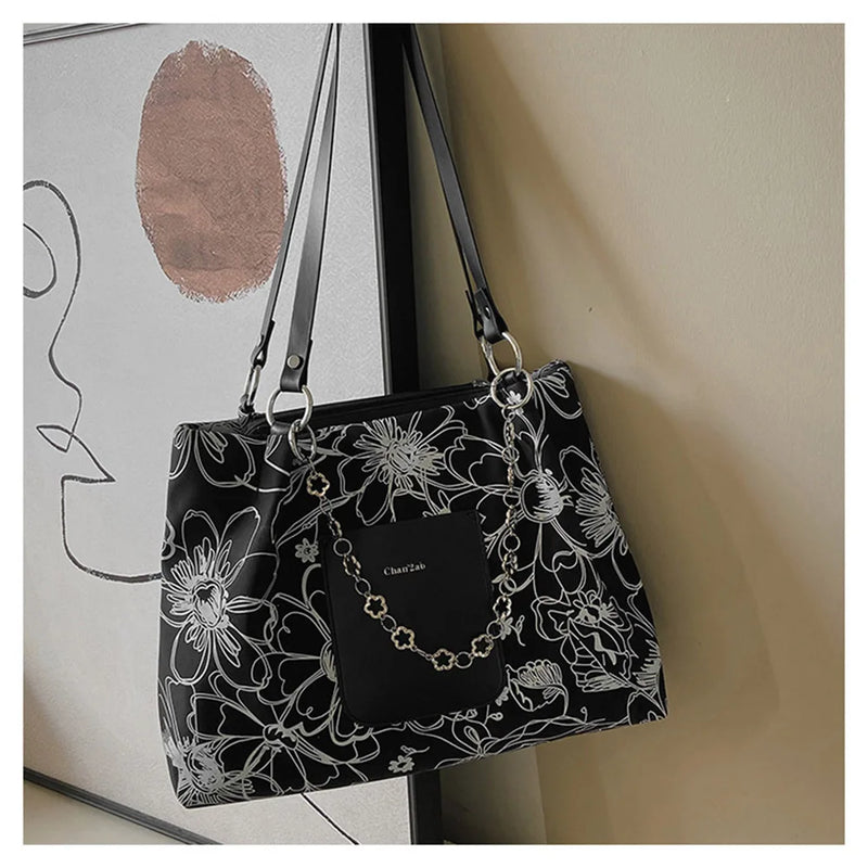 Floral Print Chain Shoulder Bag Large Capacity Tote
