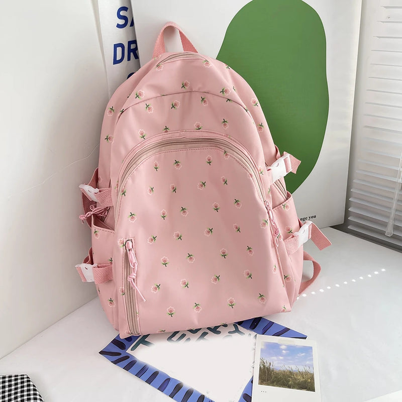 Floral Women Backpack Nylon Schoolbag College Teenage Girl Travel