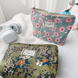 Flowers Print Cosmetic Bag Corduroy Washing Bag Large Capacity Women