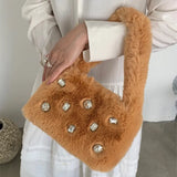 Fluffy Shoulder Bags Women diamond Solid Autumn Winter Plush Bags Handbag