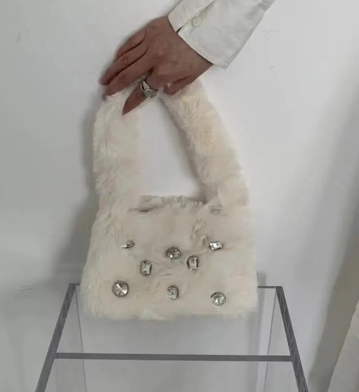 Fluffy Shoulder Bags Women diamond Solid Autumn Winter Plush Bags Handbag