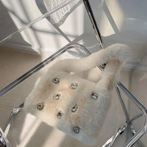 Fluffy Shoulder Bags Women diamond Solid Autumn Winter Plush Bags Handbag