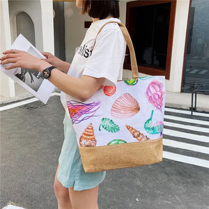 Floral Print Canvas Handbag Tote Large Size Shoulder Bag