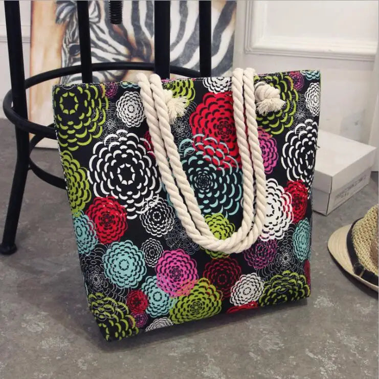 Casual Flower Printing Canvas Shoulder Bag for Women