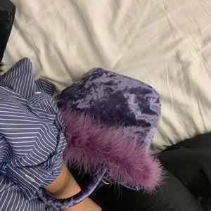 Vintage Velvet Ladies Bucket Bag Small Shoulder Crossbody Purse Evening Clutch