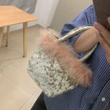 Vintage Velvet Ladies Bucket Bag Small Shoulder Crossbody Purse Evening Clutch