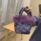 Vintage Velvet Ladies Bucket Bag Small Shoulder Crossbody Purse Evening Clutch
