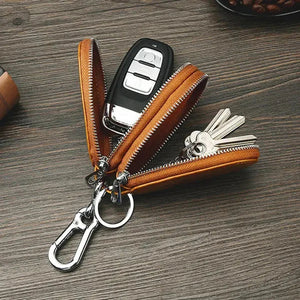 Leather Mini Car Key Case Double Zipper Portable Small Objects Storage