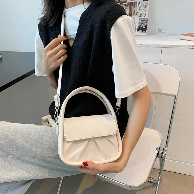 Girl Solid Pu Small Square Bag Pleated Casual Tote