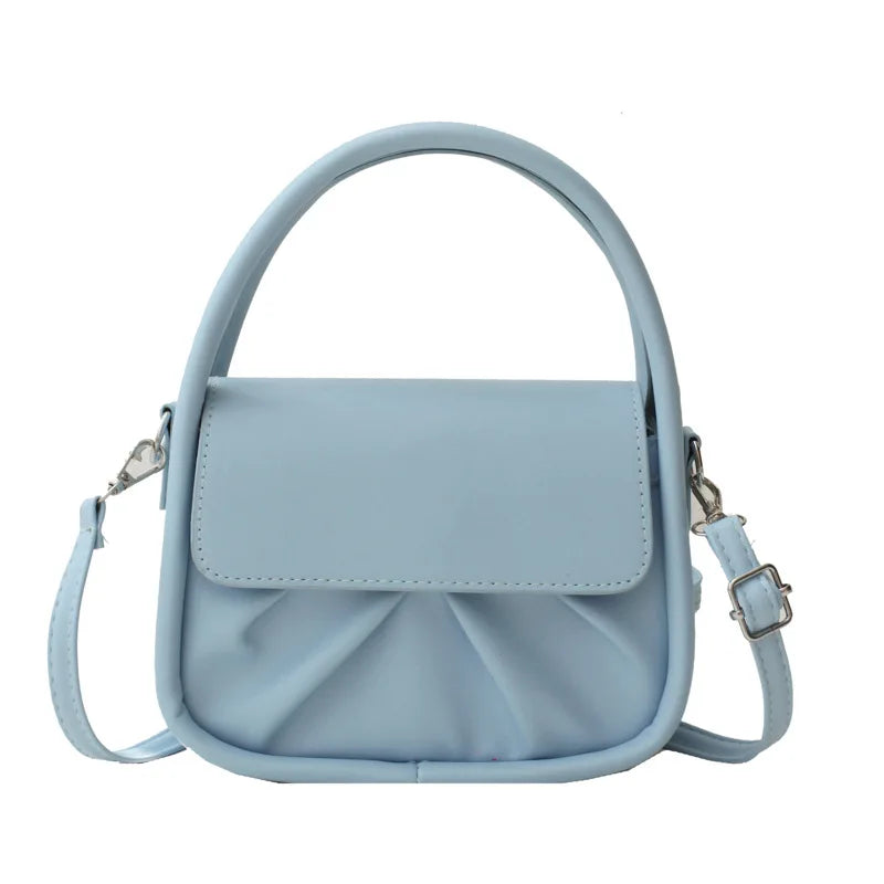 Girl Solid Pu Small Square Bag Pleated Casual Tote