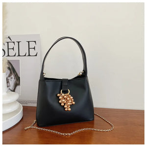 Grape Beaded Chain Ladies Bucket Bag Solid Pu Shoulder Bag
