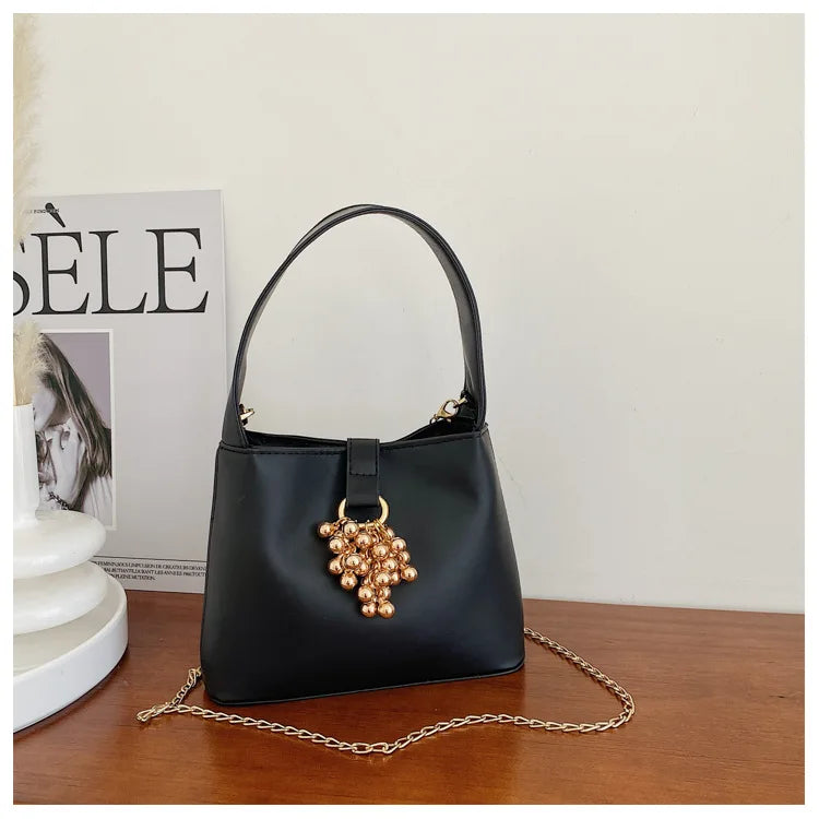 Grape Beaded Chain Ladies Bucket Bag Solid Pu Shoulder Bag