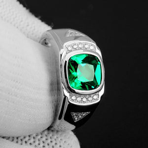 Green Emerald Crystal Diamond Rings for Men 18k Silver Jewelry