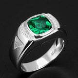Green Emerald Crystal Diamond Rings for Men 18k Silver Jewelry