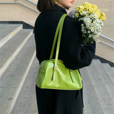 Green PU Leather Women Shoulder Bags Solid Tote Handbags