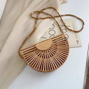 Half Moon Bamboo Shoulder Crossbody Bag Women Rattan Beach Straw Phone Purse