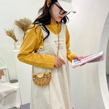Half Moon Wooden Shoulder Crossbody Bags for Women Bamboo Woven Straw Bag
