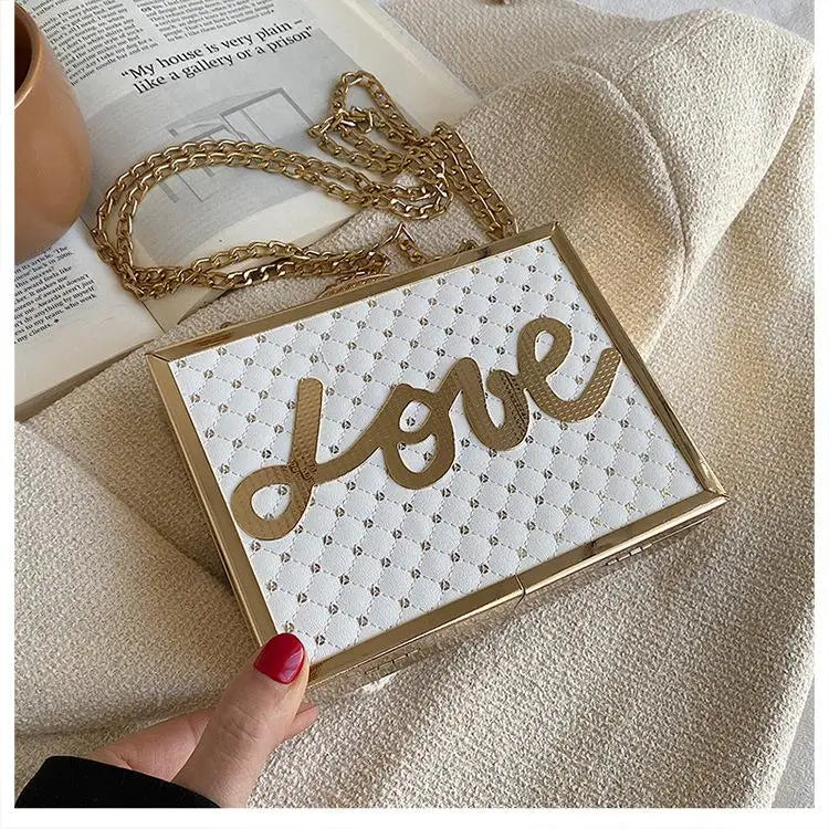 Sequine Love Letter Decoration Shoulder Bag Metal Frame Evening Diamond Chain Ba