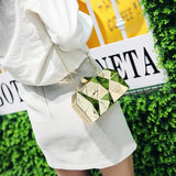 Women Metal Clutches Hexagon Mini Evening Purse Silver Box Chain Shoulder Bag