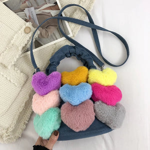 Heart Shape Plush Decoration Bucket Handbag Denim Women Bag And Purse For Ladies