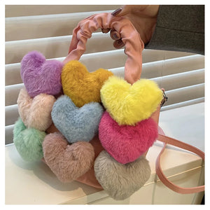 Heart Shape Plush Decoration Bucket Handbag Denim Women Bag And Purse For Ladies