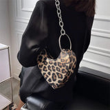 Leopard Print Women Pu Leather Shoulder Bag Heart Shape Underarm Purse